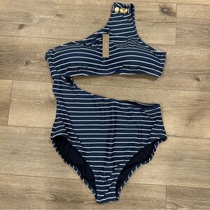 J.‎ Crew Cutout One-Piece Full-Coverage Swimsuit Blue White Stripe Size 20